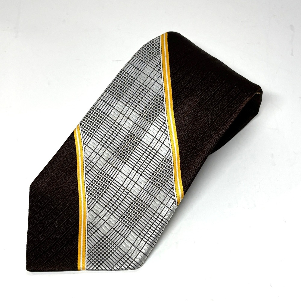Vtg Mr. John Necktie Mens OS Brown Yellow Vintage Geometric Plaid Wide Tie Retro